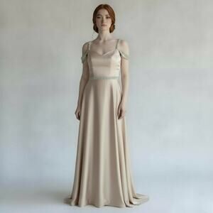 BXZ Women's Champagne Satin Cold Shoulder Dress Beaded Waist Formal Sz 14